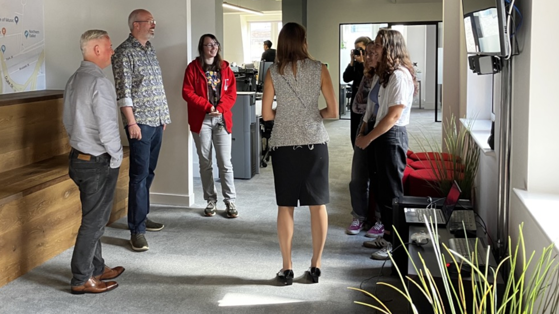 Ms Frazer with&nbsp;Simon Iwaniszak, Dr Jacob Habgood, Sumo Digital Academy graduate and Red Kite Games Programmer Ruth Dickens, and other members of the studio team.